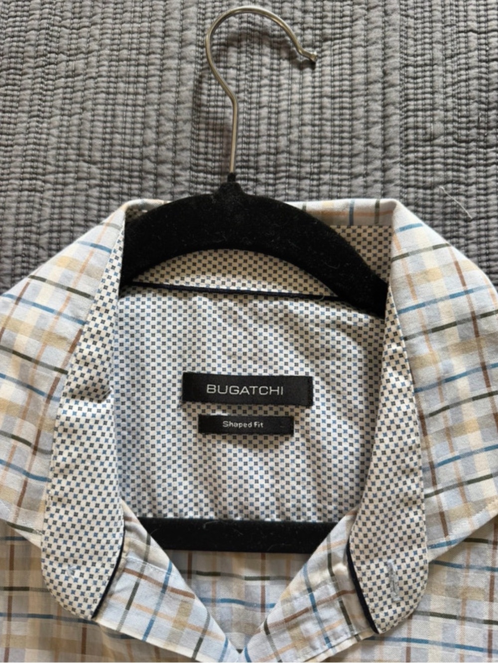 Bugatchi Light Blue and Tan Checked Dress Shirt